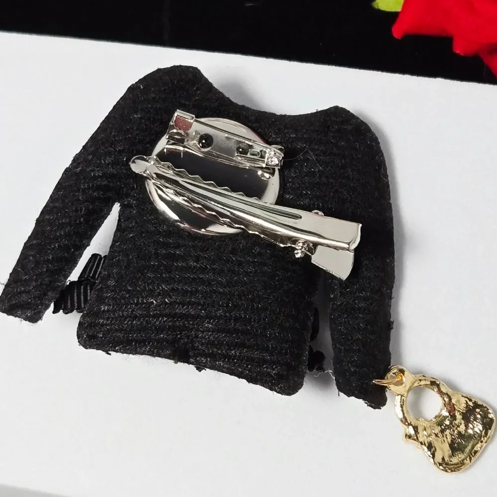 Black Blazer Brooch Pearl Rhinestone Bow Handbag Dangle Mini Couture Lapel Pin